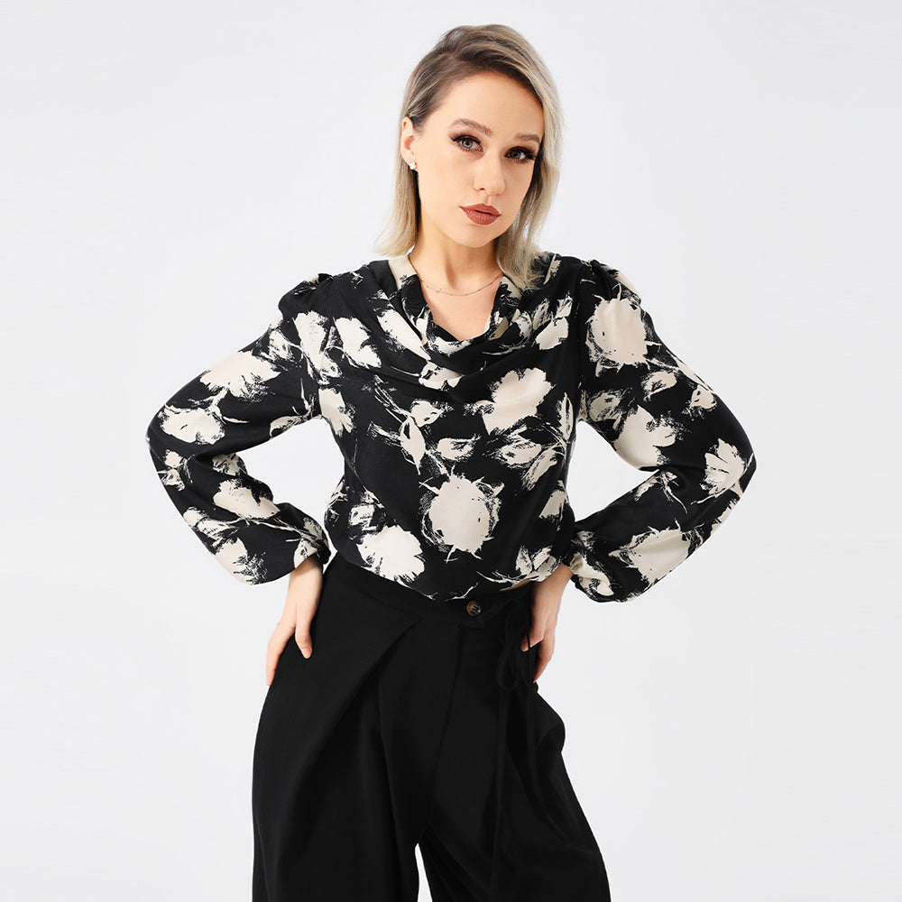 Bedruckte Bluse mit Abfallendem Kragen und Langen Ärmeln | Ideal für Frühling und Herbst