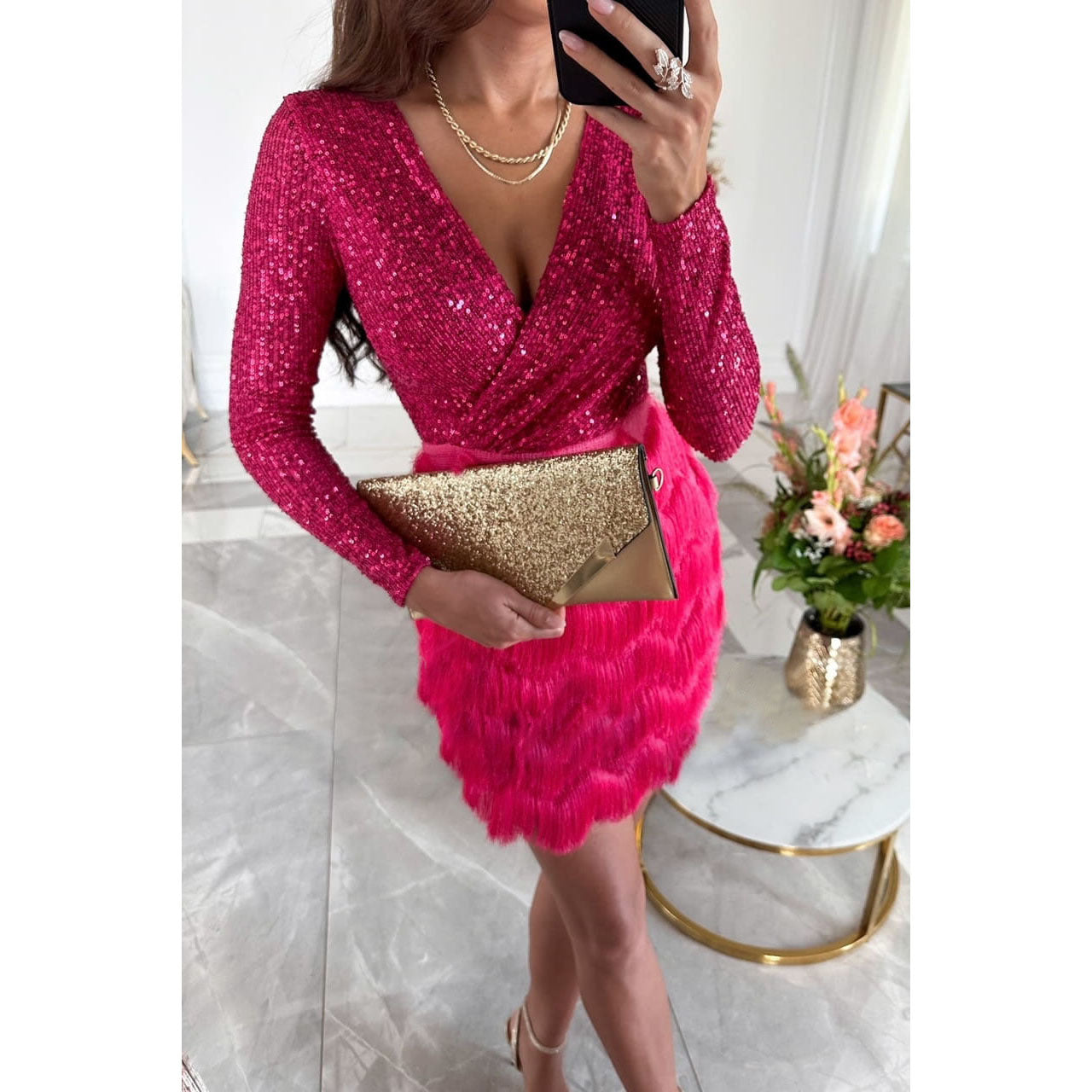 Glitzer Mini-Kleid mit Fransen-Details | Ideal für Herbst und Winter