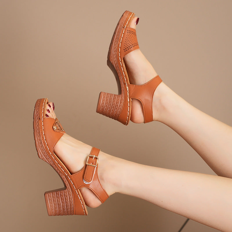 Damen Sandalen mit Schnallenriemen und Blockabsatz mit Offener Spitze | Ideal für den Sommer