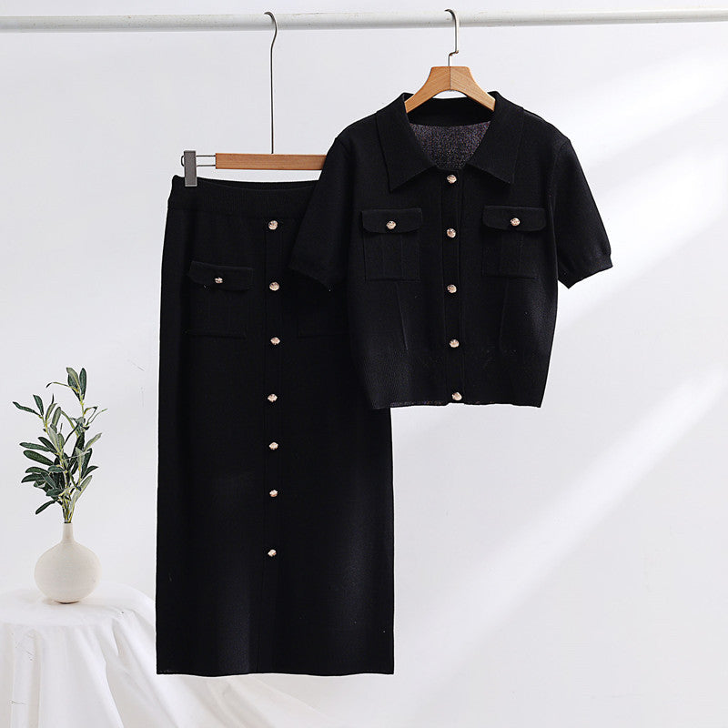 Strick Polo Kragen Kurzarm Pullover und Mid-Länge Rock Set | Ideal für Frühling