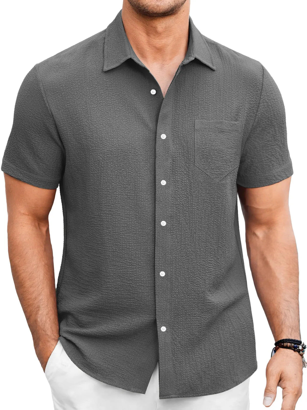 Herren Kurzarm-Shirt in Uni-Farbe mit Blasenfaltendesign Ideal für den Sommer