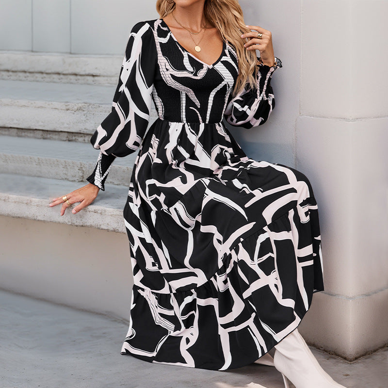 Geometrisch Bedrucktes A-Linien Midikleid mit Langen Ärmeln | Ideal für Frühling und Herbst