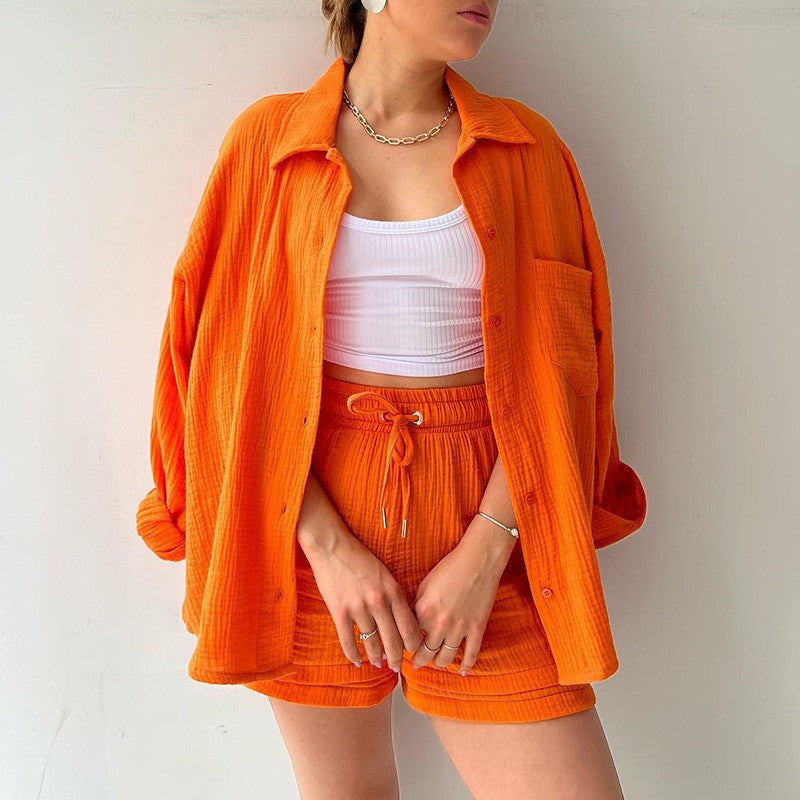 Langarm Hemd mit Reverskragen und Hohe Taille Kordelzug Shorts Set aus Baumwollmischung | Ideal für Frühling und Sommer