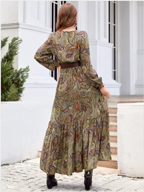 Bohemian Print Langes Kleid mit Smocked Taillenbund und langen Ärmeln | Ideal für Frühling und Herbst