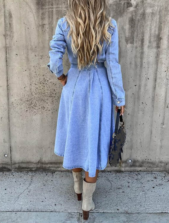 Denim Midikleid im Hemdblusenstil mit Langarm und Taschen | Ideal für Frühling und Herbst