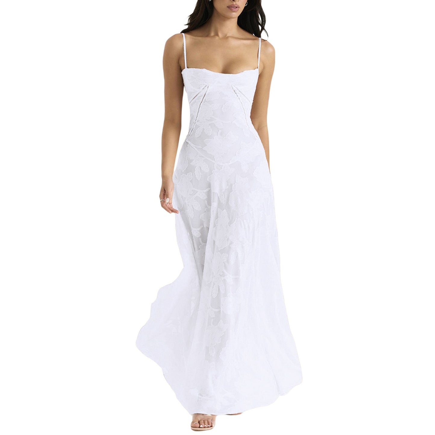 Spitzen A-Linien Langkleid mit Spaghetti-Trägern und Hoher Taille | Ideal für Sommer