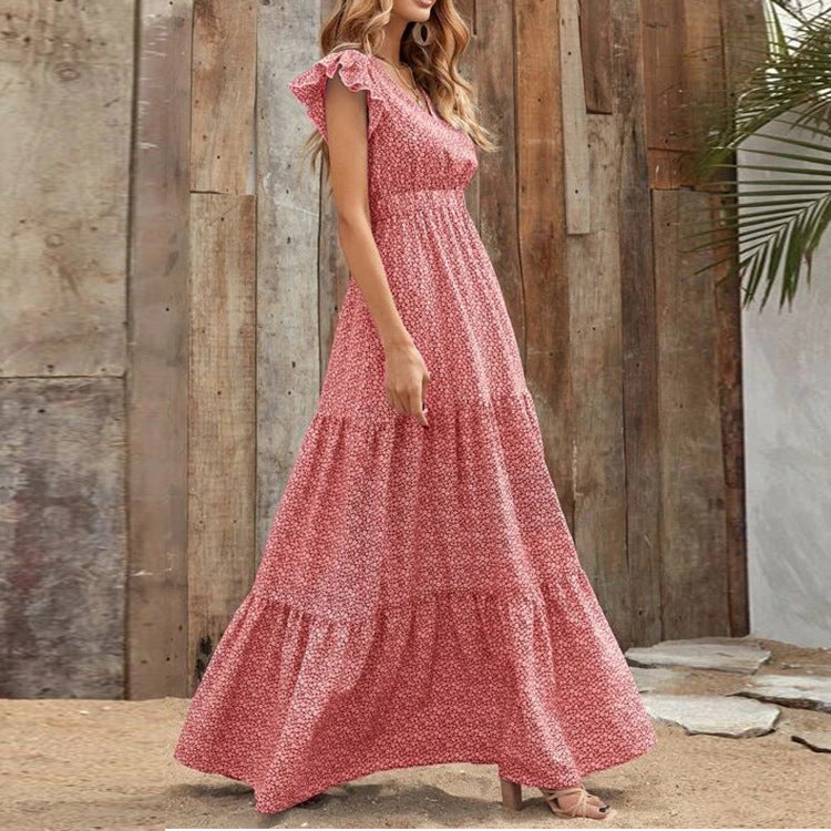 Bohemian V-Ausschnitt Blumendruck Kleid mit kurzen Ärmeln | Ideal für den Sommer