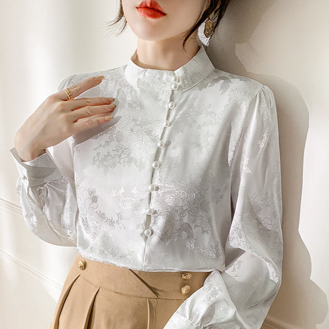 Stehkragen Perlenverziertes Damen Langarmshirt | Ideal für Herbst