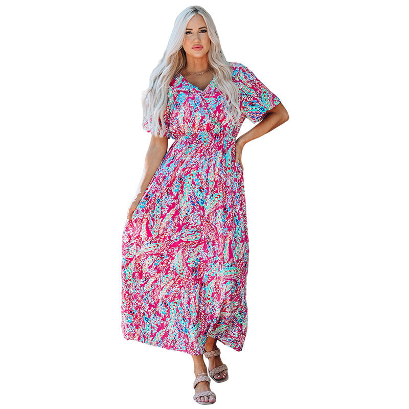 Floral Print V Neck Lang Swing Kleid mit Kurzen Ärmeln | Ideal für Sommer