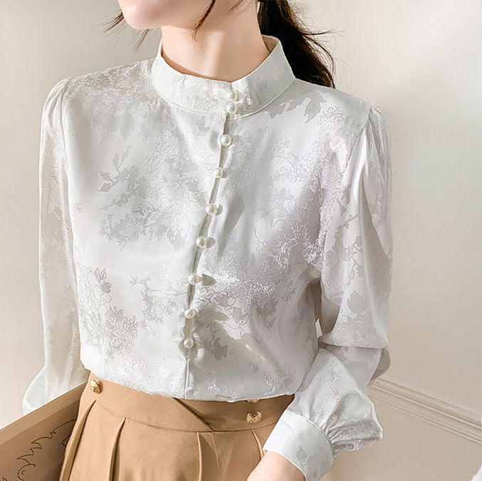 Stehkragen Perlenverziertes Damen Langarmshirt | Ideal für Herbst