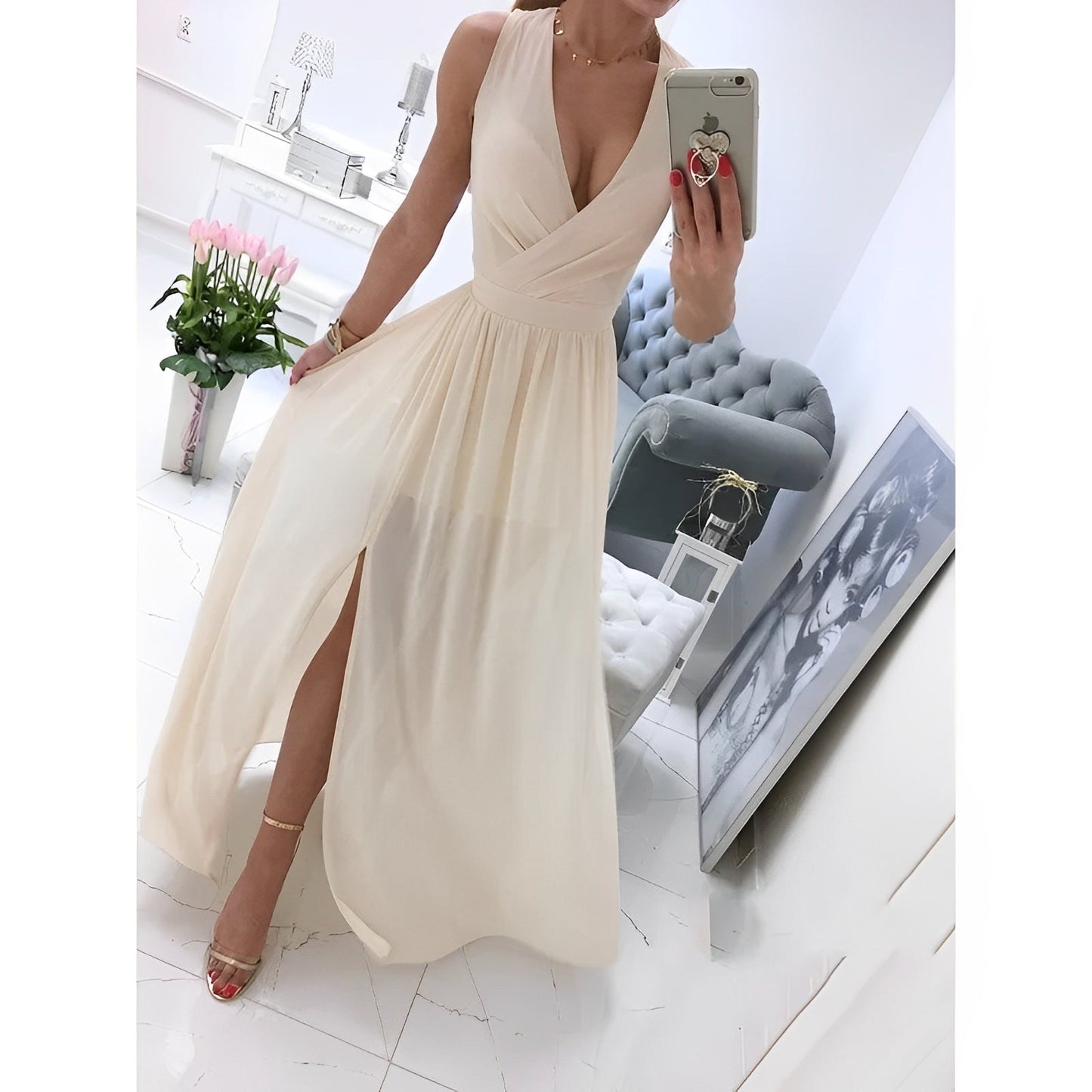 Ärmelloses Weißes Maxikleid mit Holzknöpfen | Perfekt für Frühling & Sommer