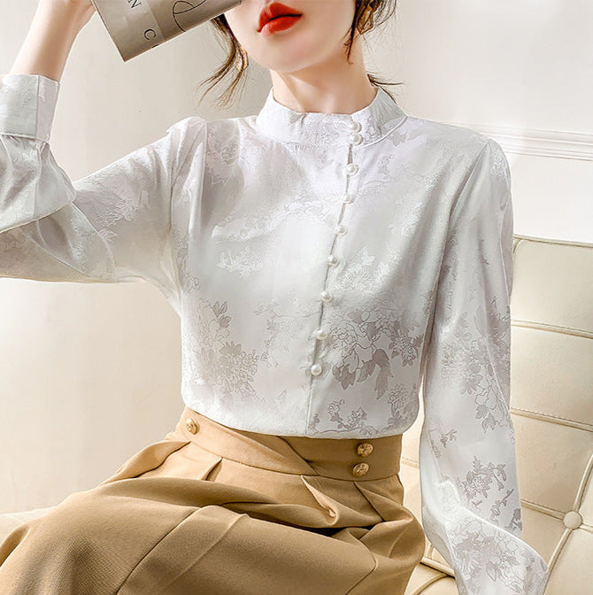 Stehkragen Perlenverziertes Damen Langarmshirt | Ideal für Herbst