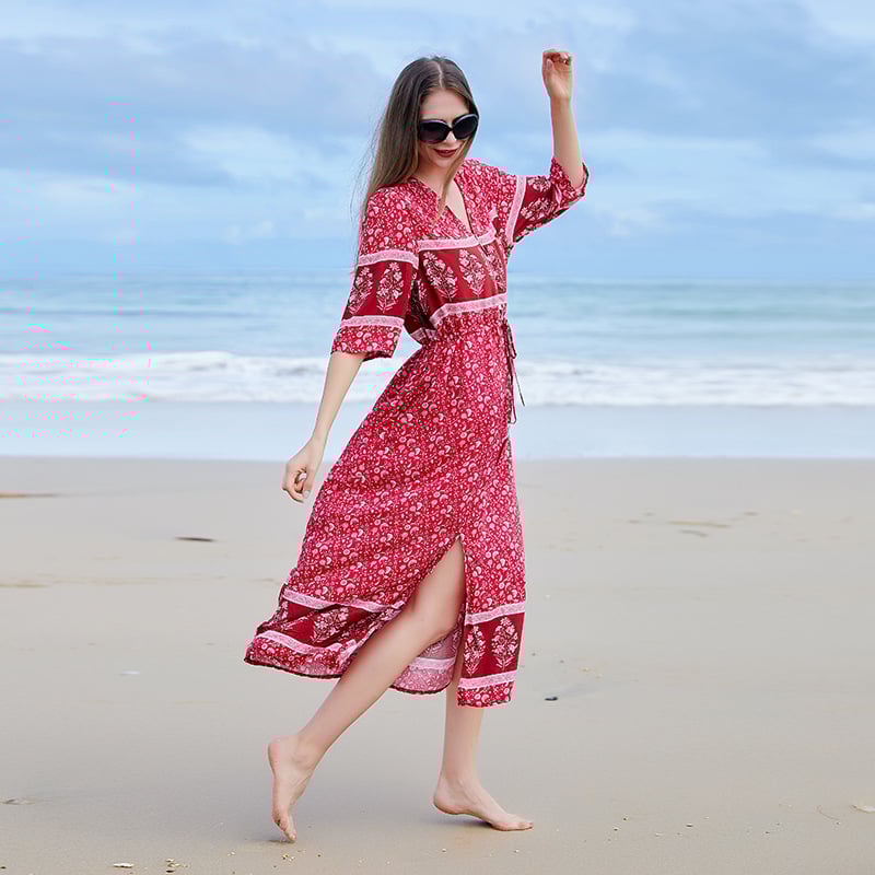 Langärmeliges Übergrößen-Kleid mit Blumenmuster und V-Ausschnitt | Ideal für Frühling und Herbst