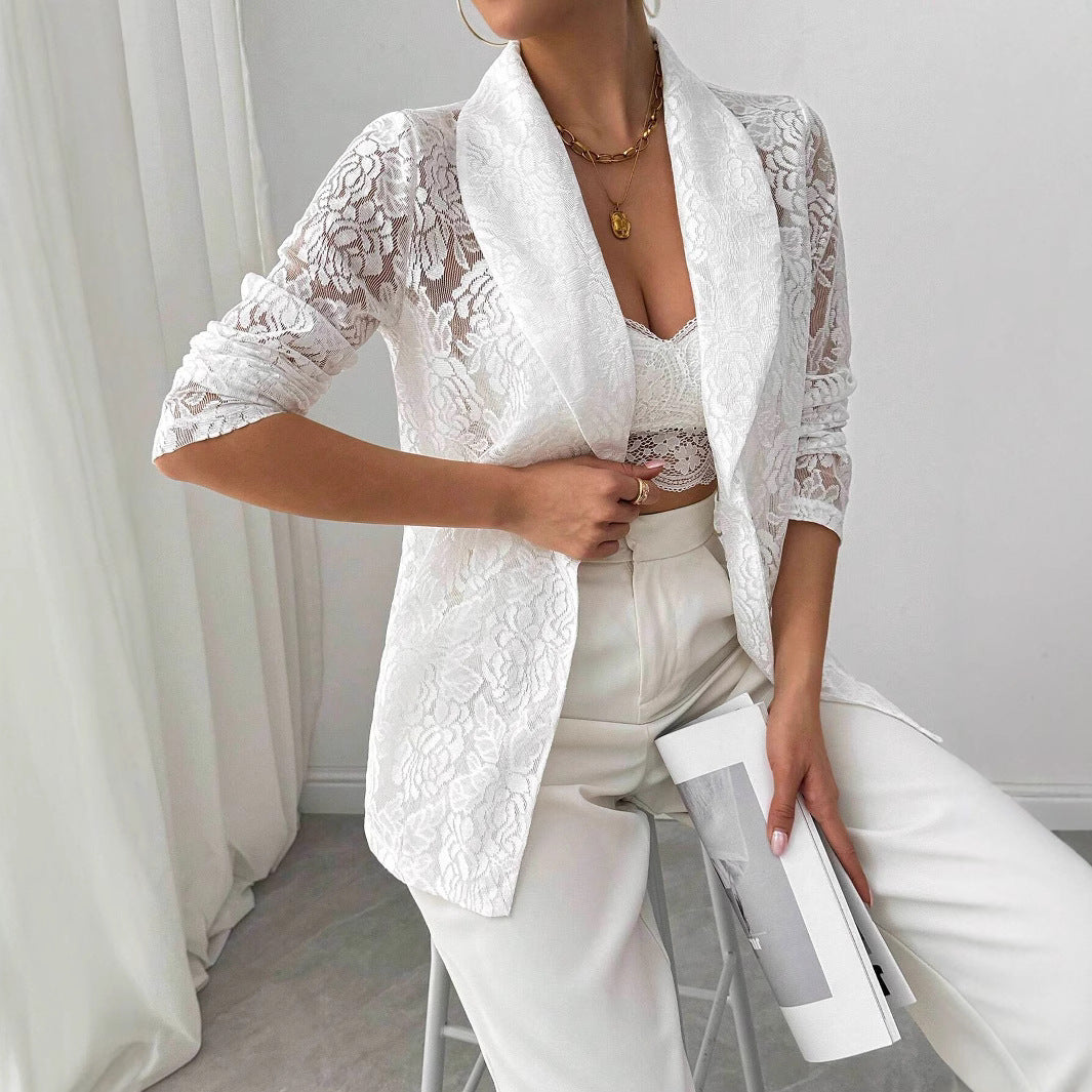 Weißer Spitzenblazer aus besticktem Nylon mit Blumenmuster | Ideal für Frühling und Sommer