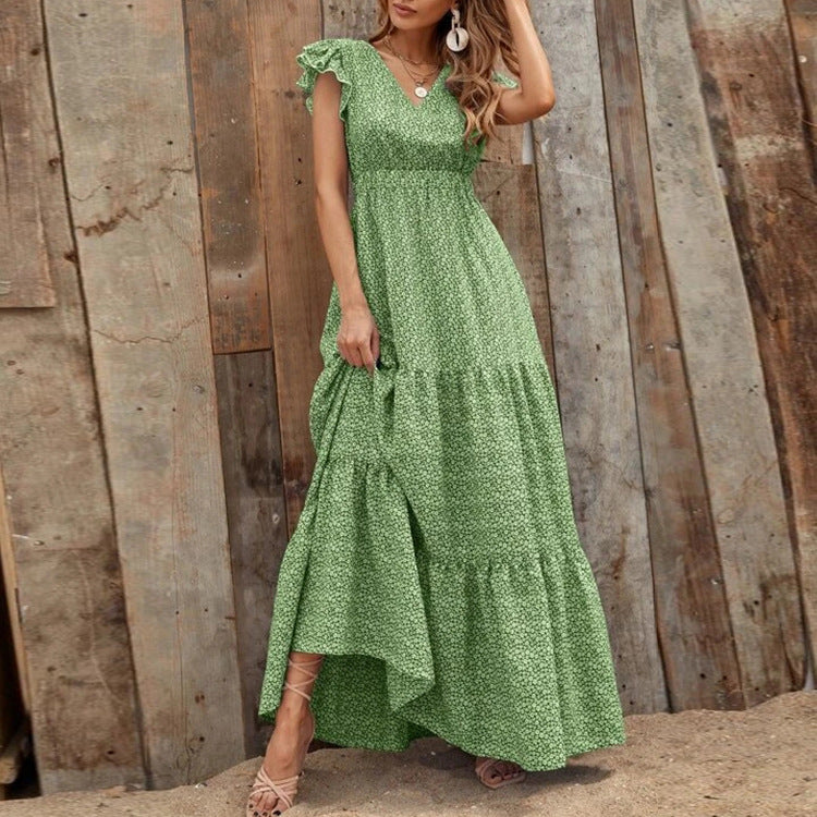 Bohemian V-Ausschnitt Blumendruck Kleid mit kurzen Ärmeln | Ideal für den Sommer