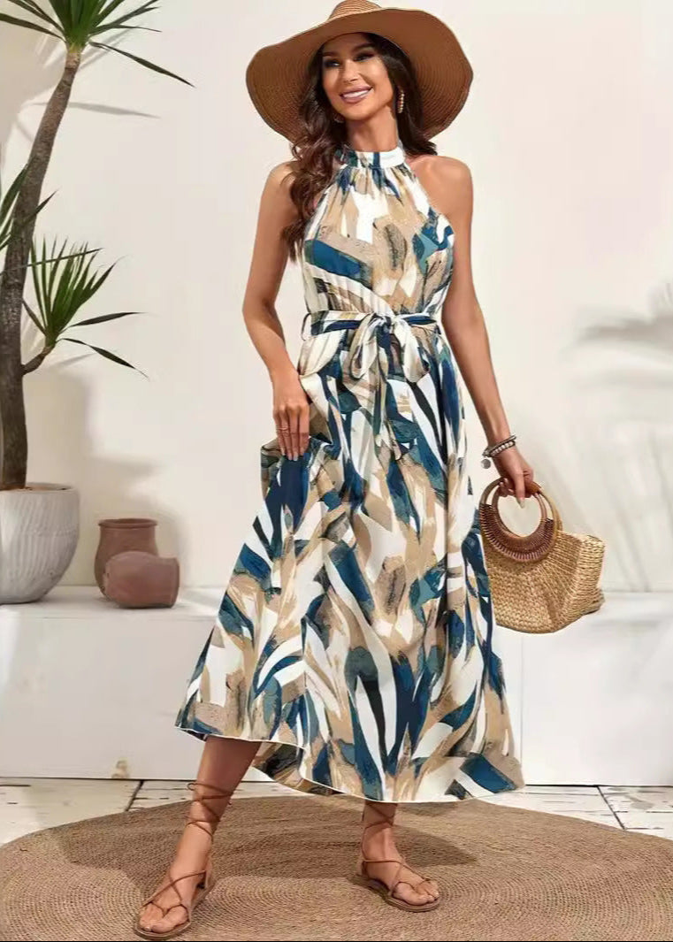 Boho-Print High-Waist-Kleid mit langen Ärmeln | Ideal für Frühling und Sommer