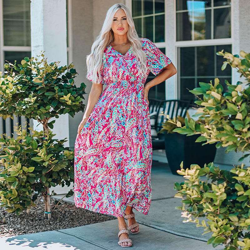 Floral Print V Neck Lang Swing Kleid mit Kurzen Ärmeln | Ideal für Sommer