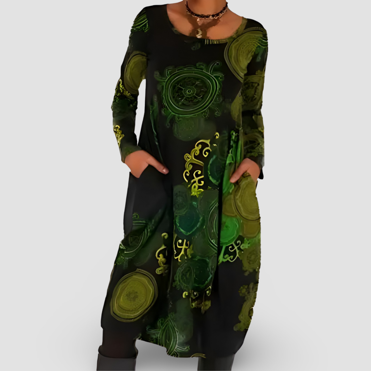 Langarm Vintage-Midi-Kleid mit V-Ausschnitt | Ideal für Frühling und Herbst