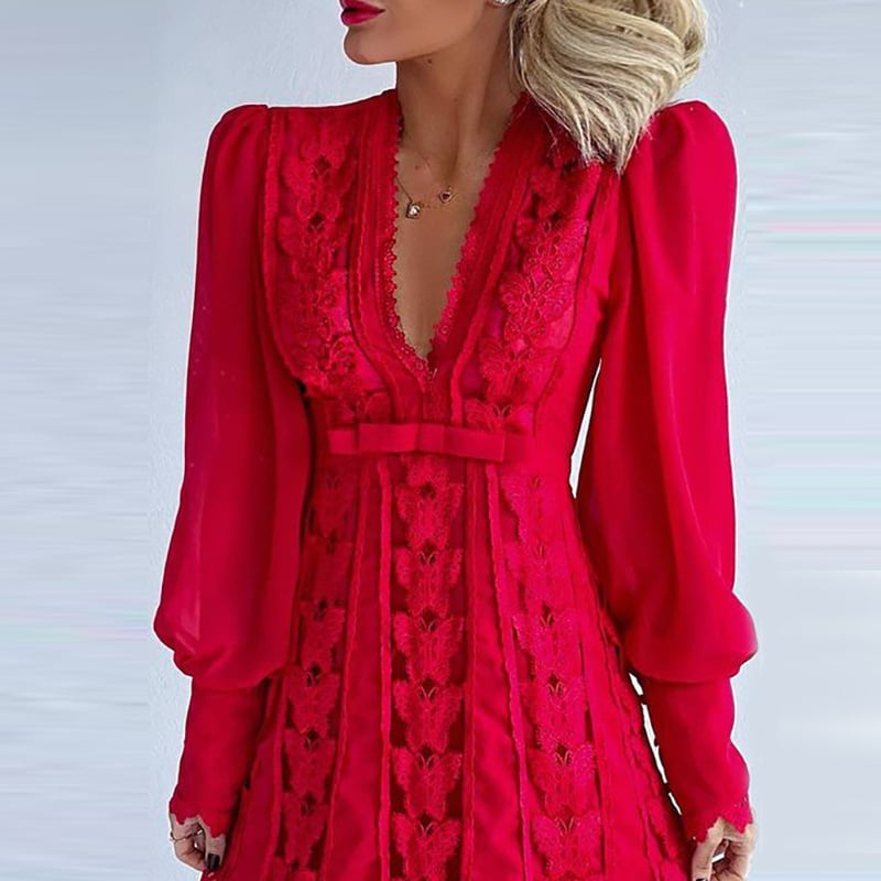 Spitzenkleid mit V-Ausschnitt, Puffärmeln und Hoher Taille | Ideal für Frühling und Sommer