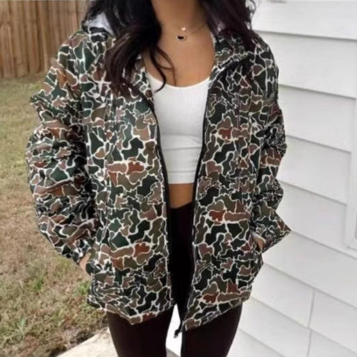 Camouflage Regenjacke mit Langem Arm und Reißverschluss für Damen | Ideal für Frühling und Herbst