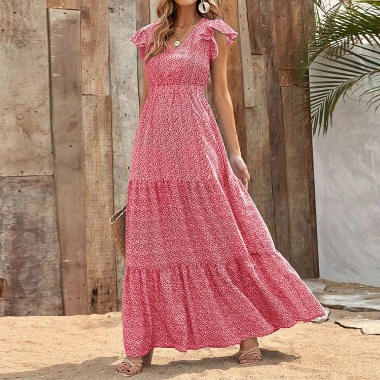 Bohemian V-Ausschnitt Blumendruck Kleid mit kurzen Ärmeln | Ideal für den Sommer