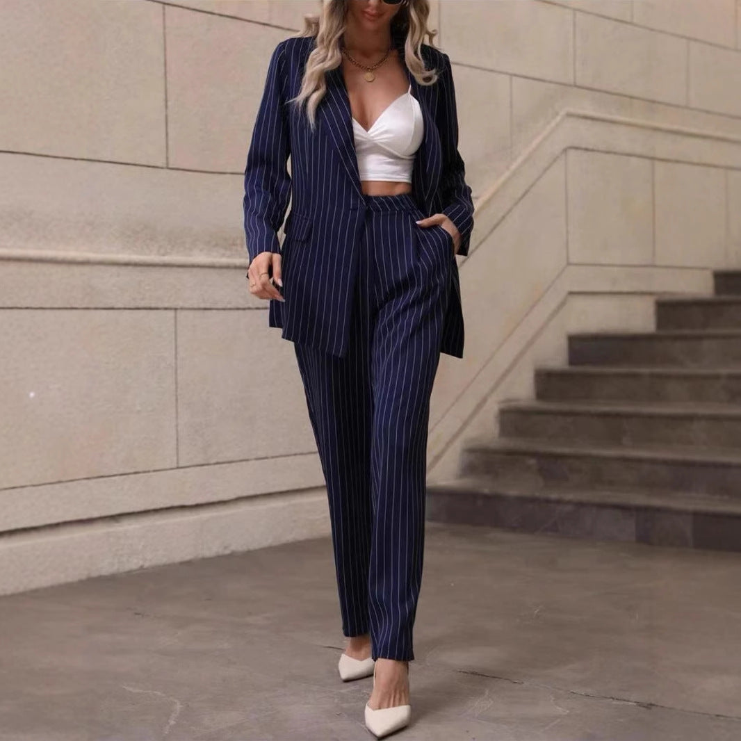 Gestreiftes Langarm Blazer und Hose Anzug | Ideal für Frühling und Herbst