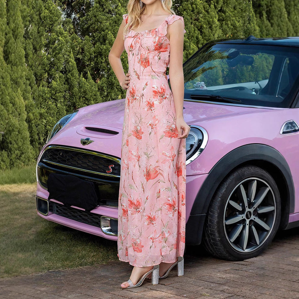 Florales Schnür Rückenfreies Kleid mit Hoher Taille und Großem Schwingendem Rock | Ideal für Frühling und Sommer