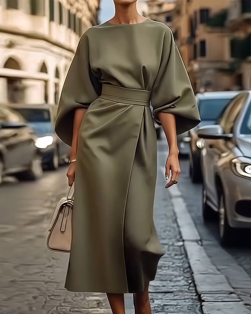 Midikleid mit Gürtel Weiten Ärmeln und Taillenband | Ideal für Frühling und Sommer