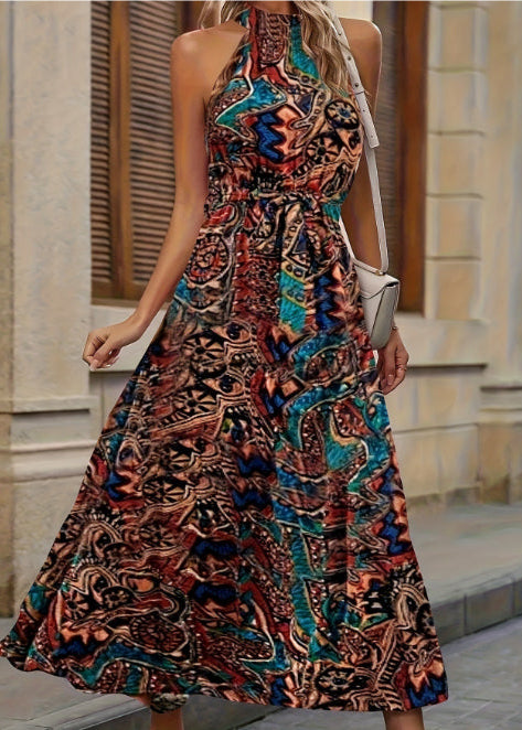Boho-Print High-Waist-Kleid mit langen Ärmeln | Ideal für Frühling und Sommer