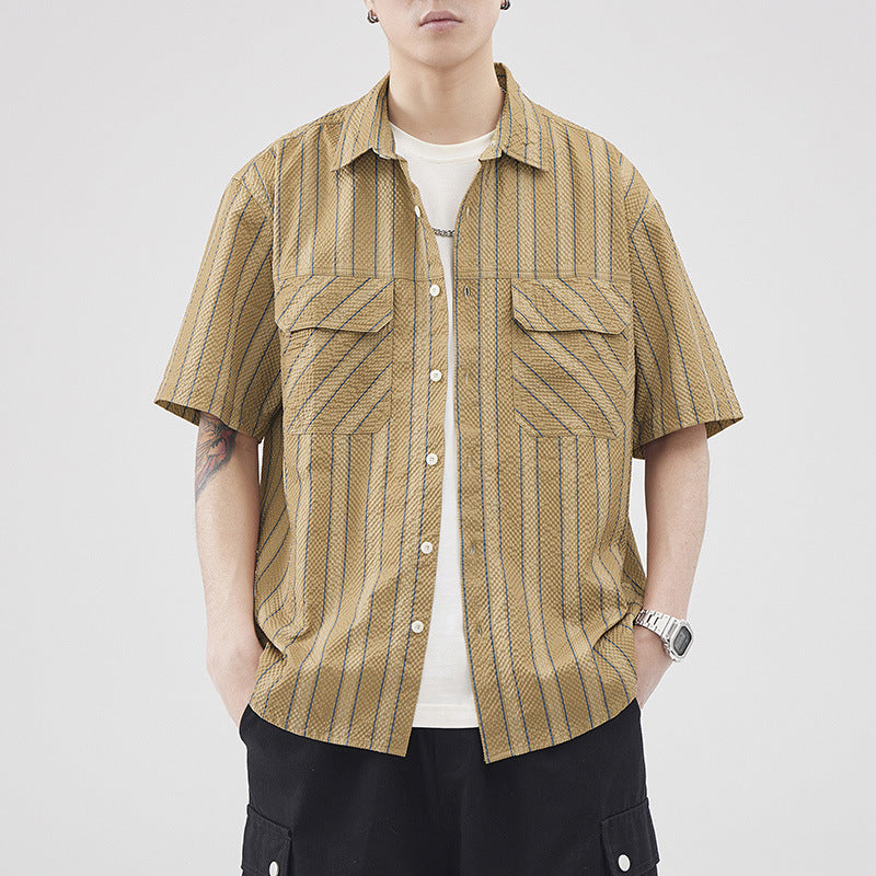 Herren Seersucker Kurzarm-Cardigan mit Gestreifter Struktur | Ideal für den Sommer