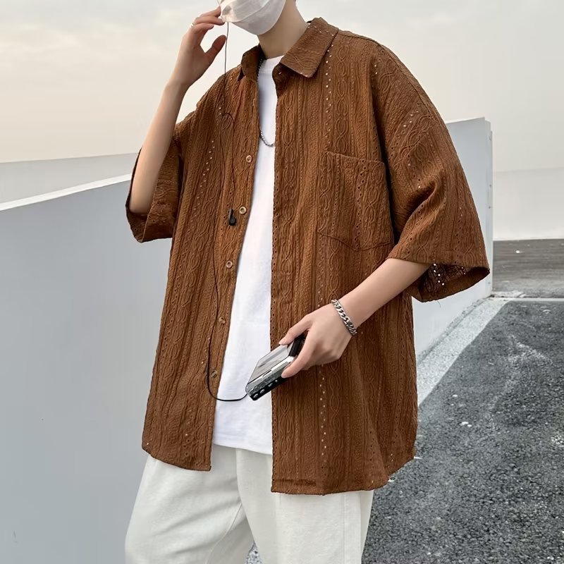 Herren Gestreiftes Quadratkragen Halbarm-Shirt Ideal für den Sommer