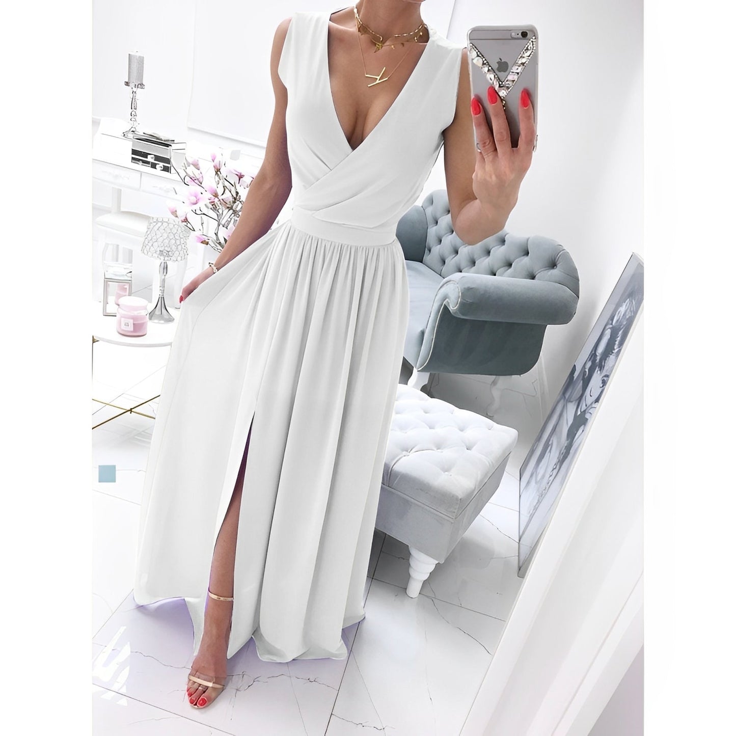 Ärmelloses Weißes Maxikleid mit Holzknöpfen | Perfekt für Frühling & Sommer