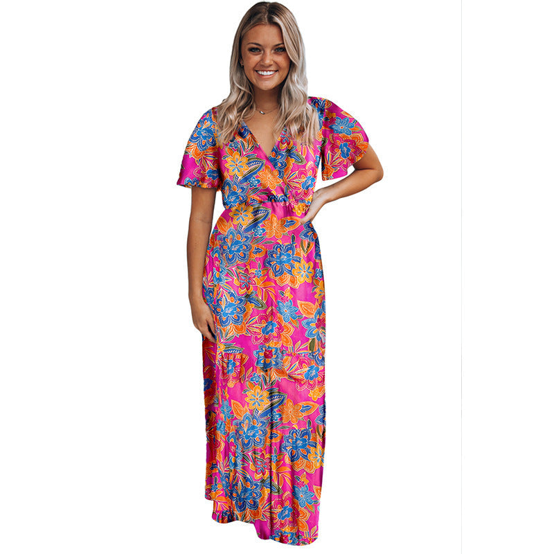 Floral Print V Neck Lang Swing Kleid mit Kurzen Ärmeln | Ideal für Sommer