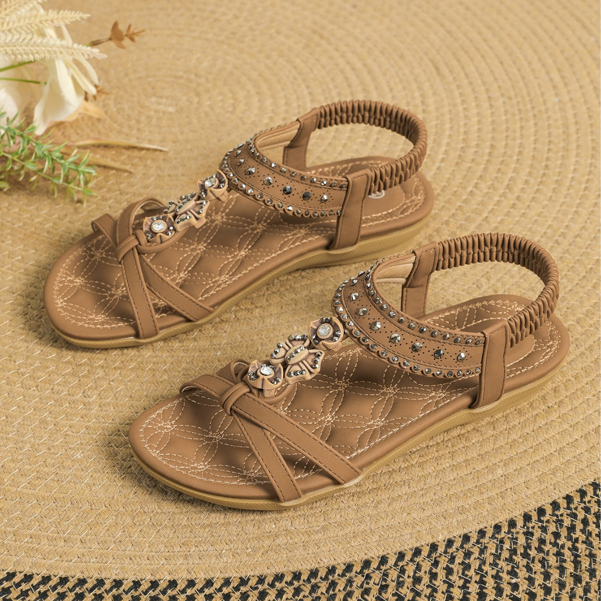 Damen Flache Sandalen mit Strassverzierung und Elastischem Riemen | Ideal für den Sommer