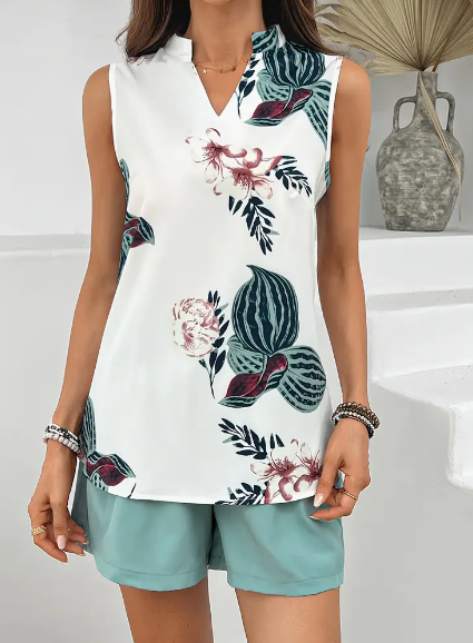 Ärmelloses Zweiteiliges Damen Set mit Allover-Print und Taschen | Ideal für Frühling und Sommer