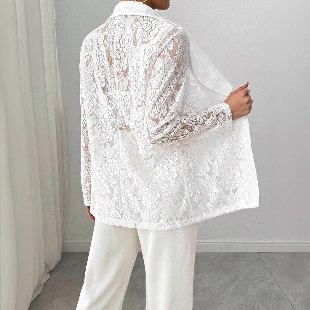 Weißer Spitzenblazer aus besticktem Nylon mit Blumenmuster | Ideal für Frühling und Sommer