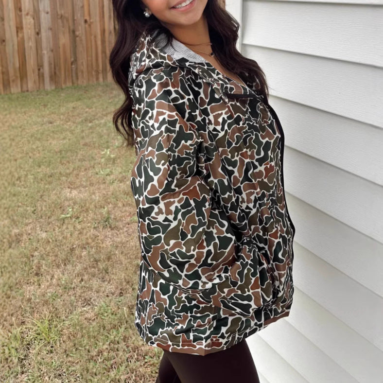 Camouflage Regenjacke mit Langem Arm und Reißverschluss für Damen | Ideal für Frühling und Herbst