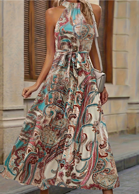 Boho-Print High-Waist-Kleid mit langen Ärmeln | Ideal für Frühling und Sommer