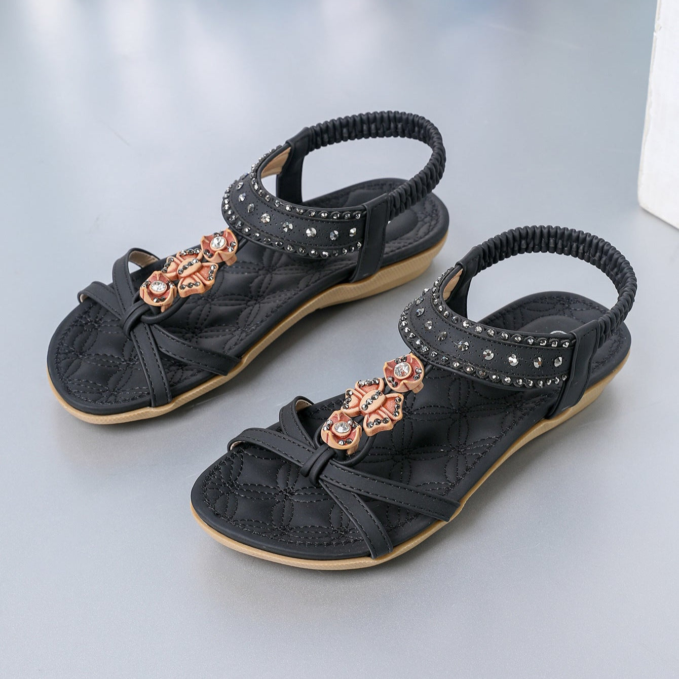 Damen Flache Sandalen mit Strassverzierung und Elastischem Riemen | Ideal für den Sommer