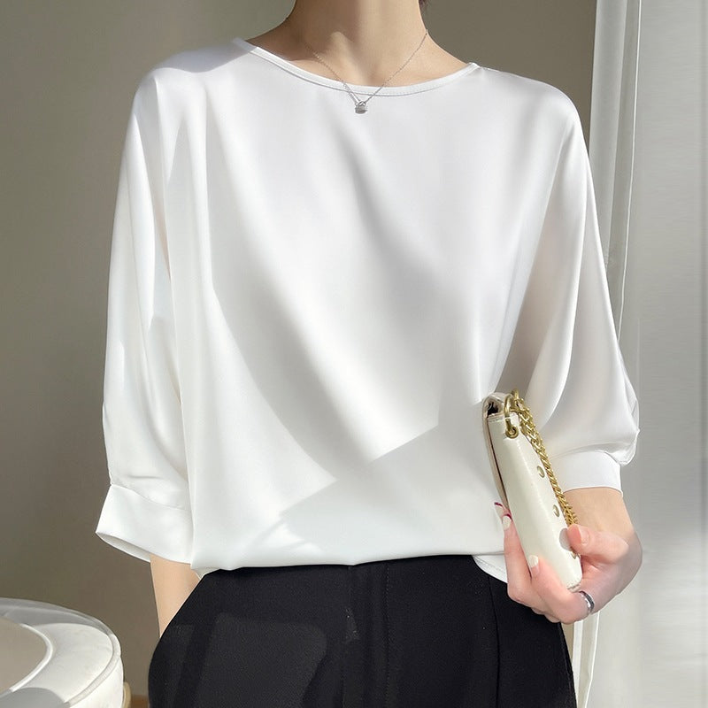 Lockeres Satin Ice Silk Kurzarmshirt mit Rundhals | Ideal für Sommer
