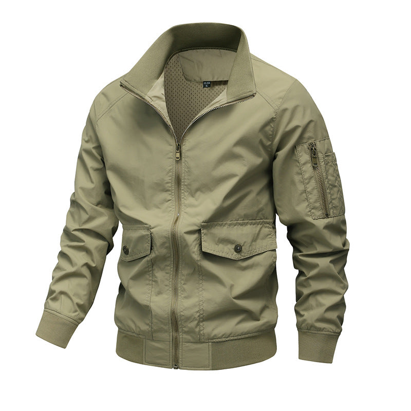 Locker Geschnittene Nylonjacke mit Polokragen und Nahttaschen | Ideal für Frühling und Herbst