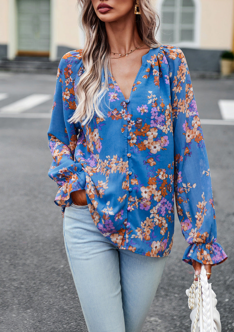Bluse aus Chiffon mit Floralprint und V-Ausschnitt