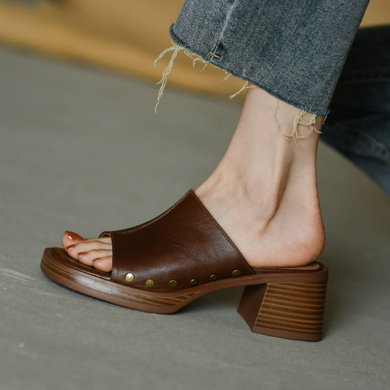 Square Toe Chunky Heel Mikrofaser Hausschuhe | Ideal für den Sommer