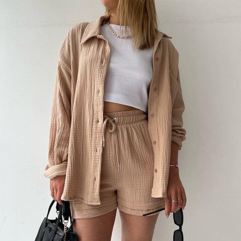 Langarm Hemd mit Reverskragen und Hohe Taille Kordelzug Shorts Set aus Baumwollmischung | Ideal für Frühling und Sommer
