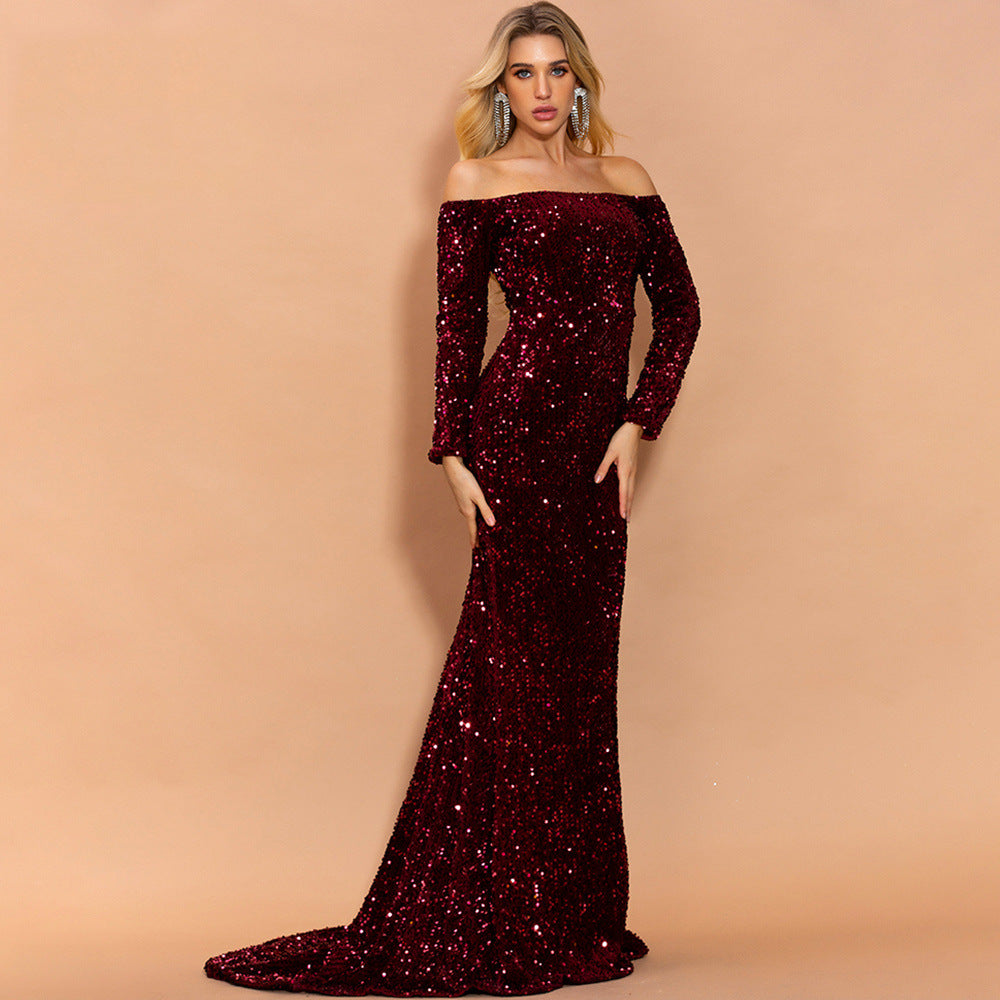 Schulterfreies Langarm Paillettenbesetztes Abendkleid | Ideal für Herbst und Winter