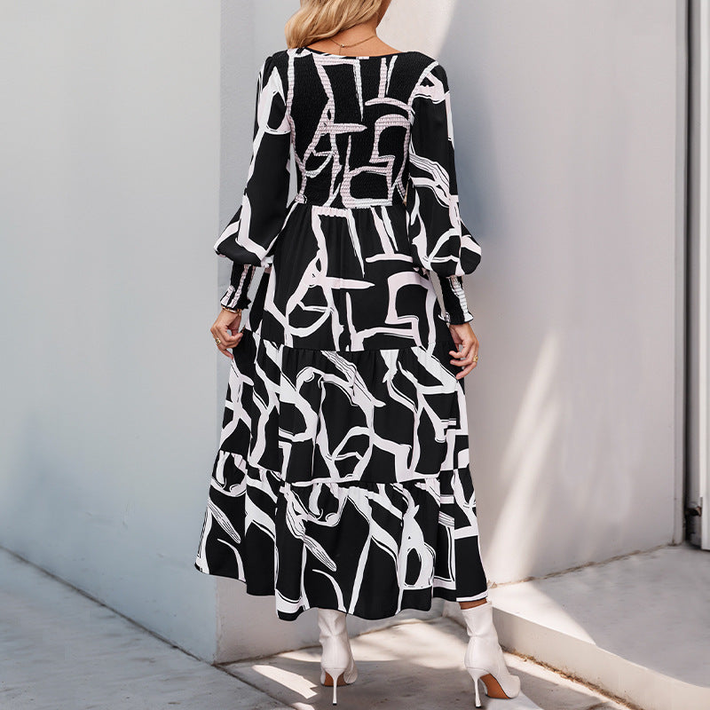 Geometrisch Bedrucktes A-Linien Midikleid mit Langen Ärmeln | Ideal für Frühling und Herbst