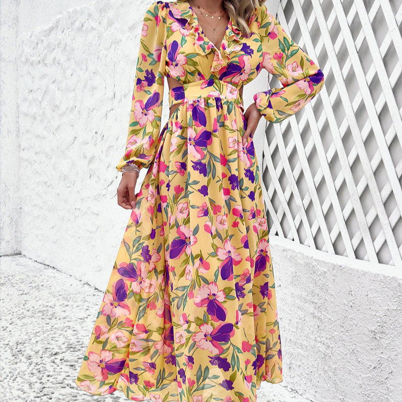 Geblümtes Kleid mit V-Ausschnitt und Laternenärmeln | Ideal für Frühling und Herbst
