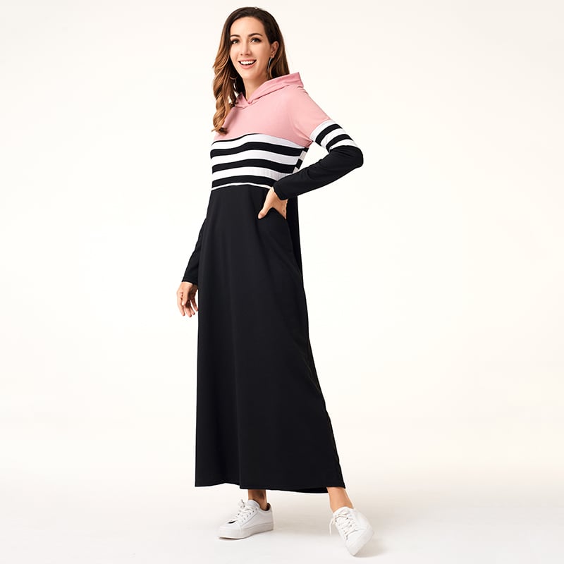Gestreiftes Patchwork Hoodie-Kleid mit Langarm | Ideal für Herbst und Winter