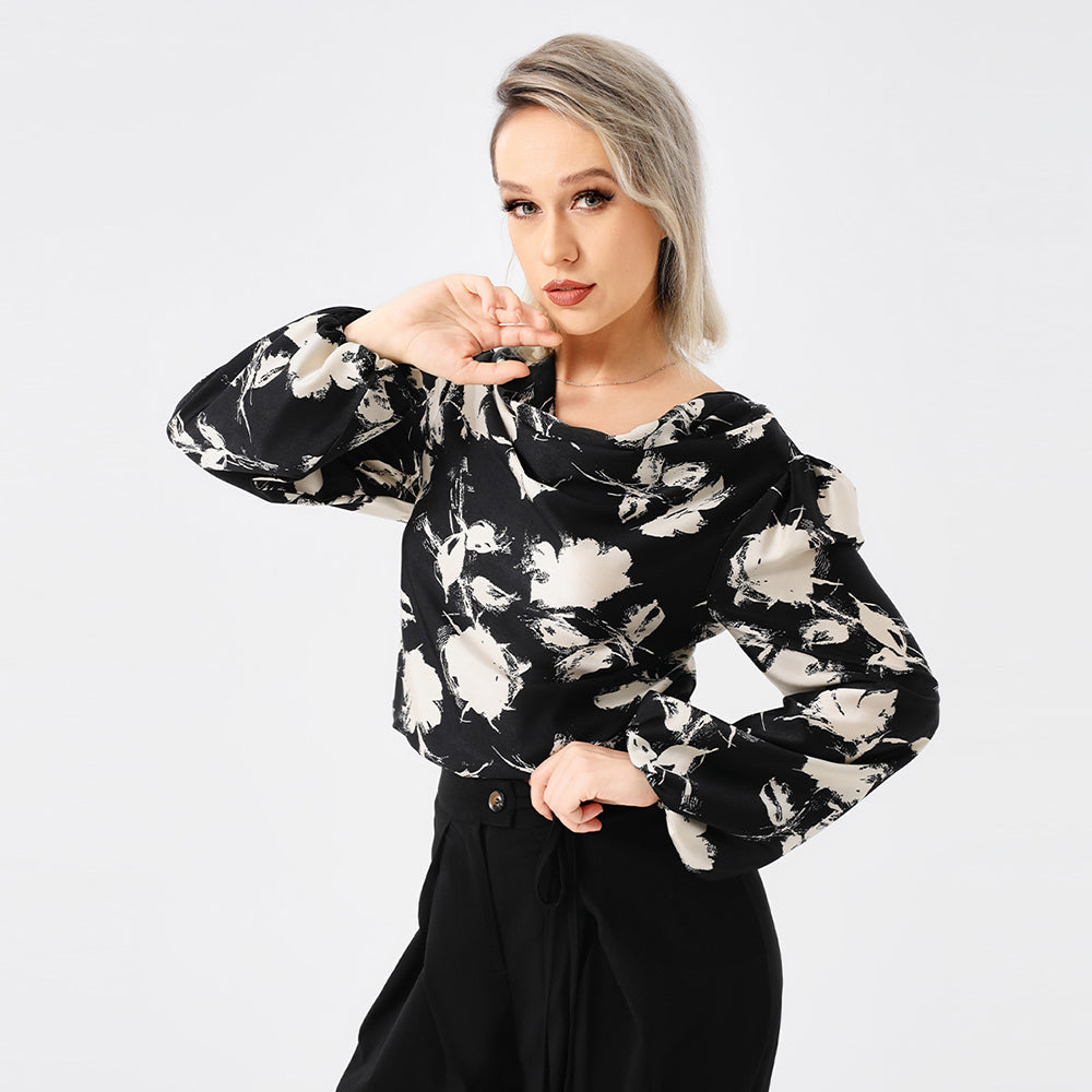 Bedruckte Bluse mit Abfallendem Kragen und Langen Ärmeln | Ideal für Frühling und Herbst