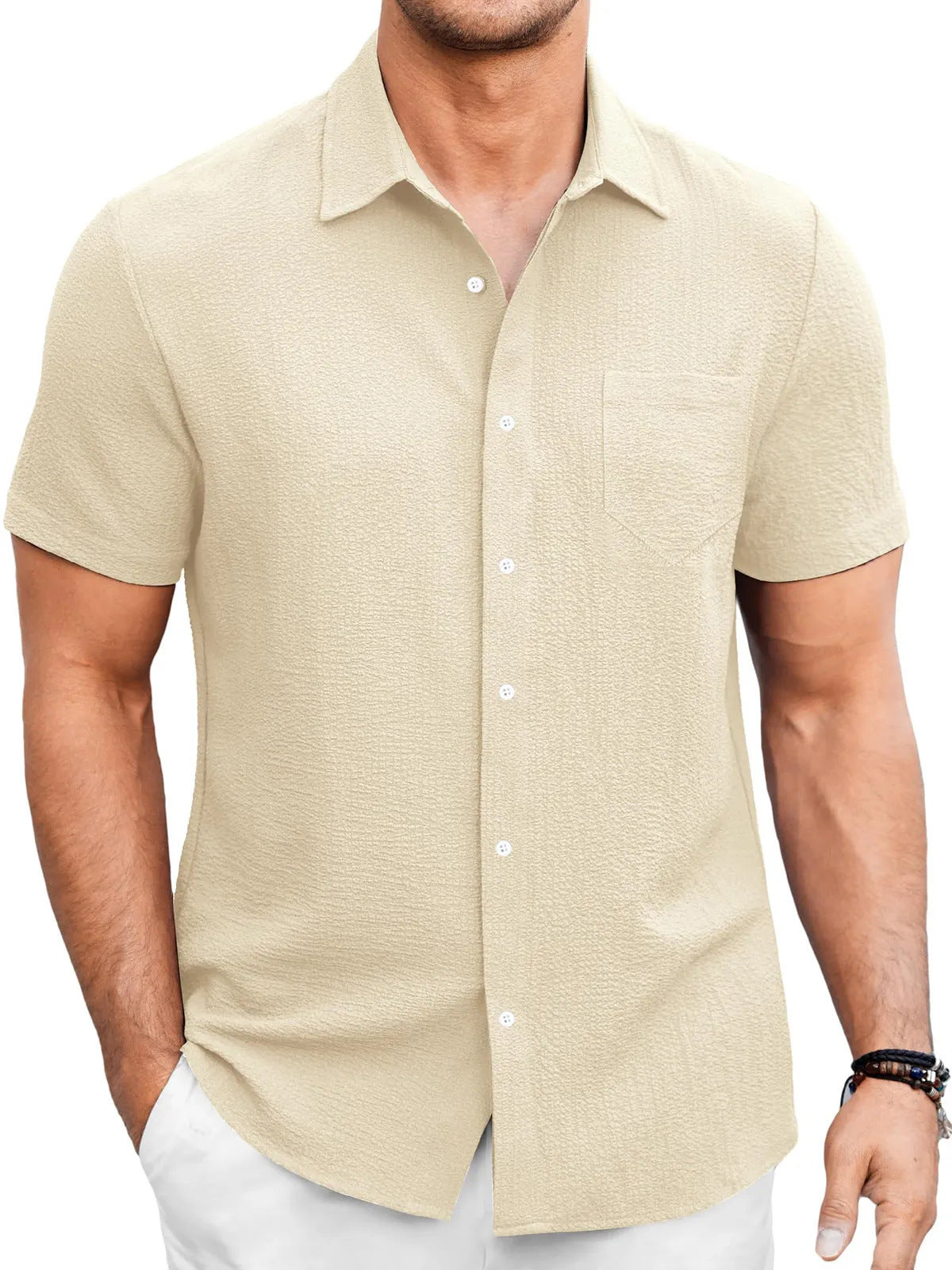 Herren Kurzarm-Shirt in Uni-Farbe mit Blasenfaltendesign Ideal für den Sommer